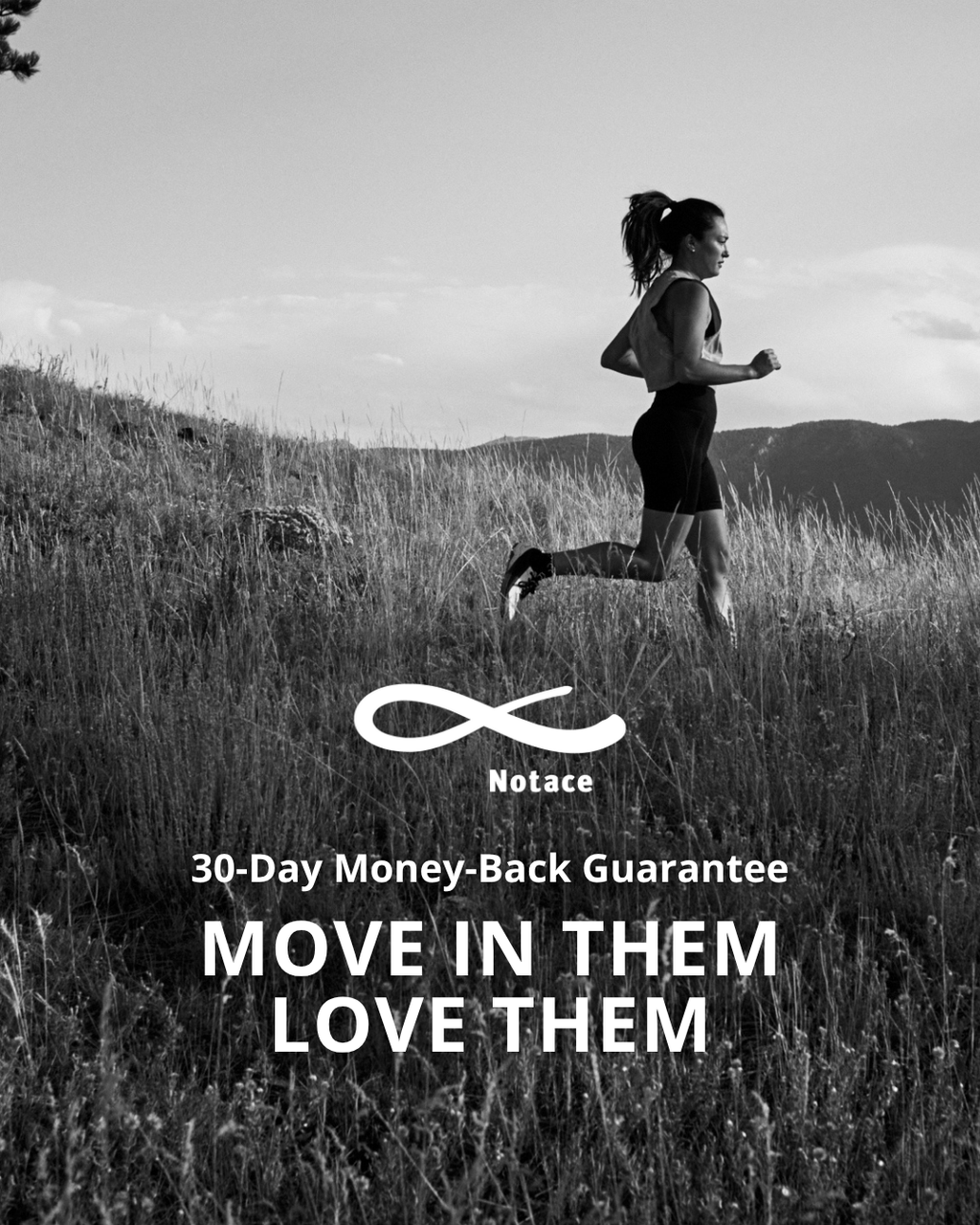 features Notace logo over a photo of a woman running through long grass in a pair of Notace shoes. Text reads: "30-Day Money-Back Guarantee. Move in them. Love them. Shop with confidence.